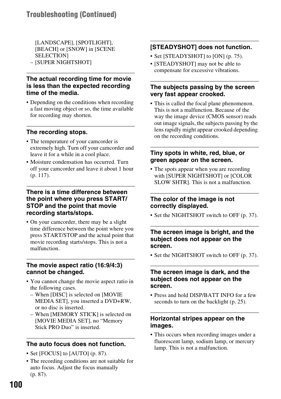 Troubleshooting (continued) | Sony DCR-DVD910 User Manual | Page 100 / 151