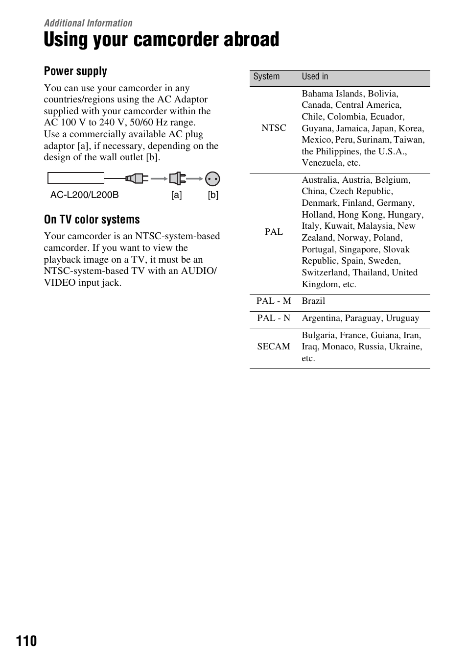 Additional information, Using your camcorder abroad, Additional | Information | Sony DCR-DVD910 User Manual | Page 110 / 151