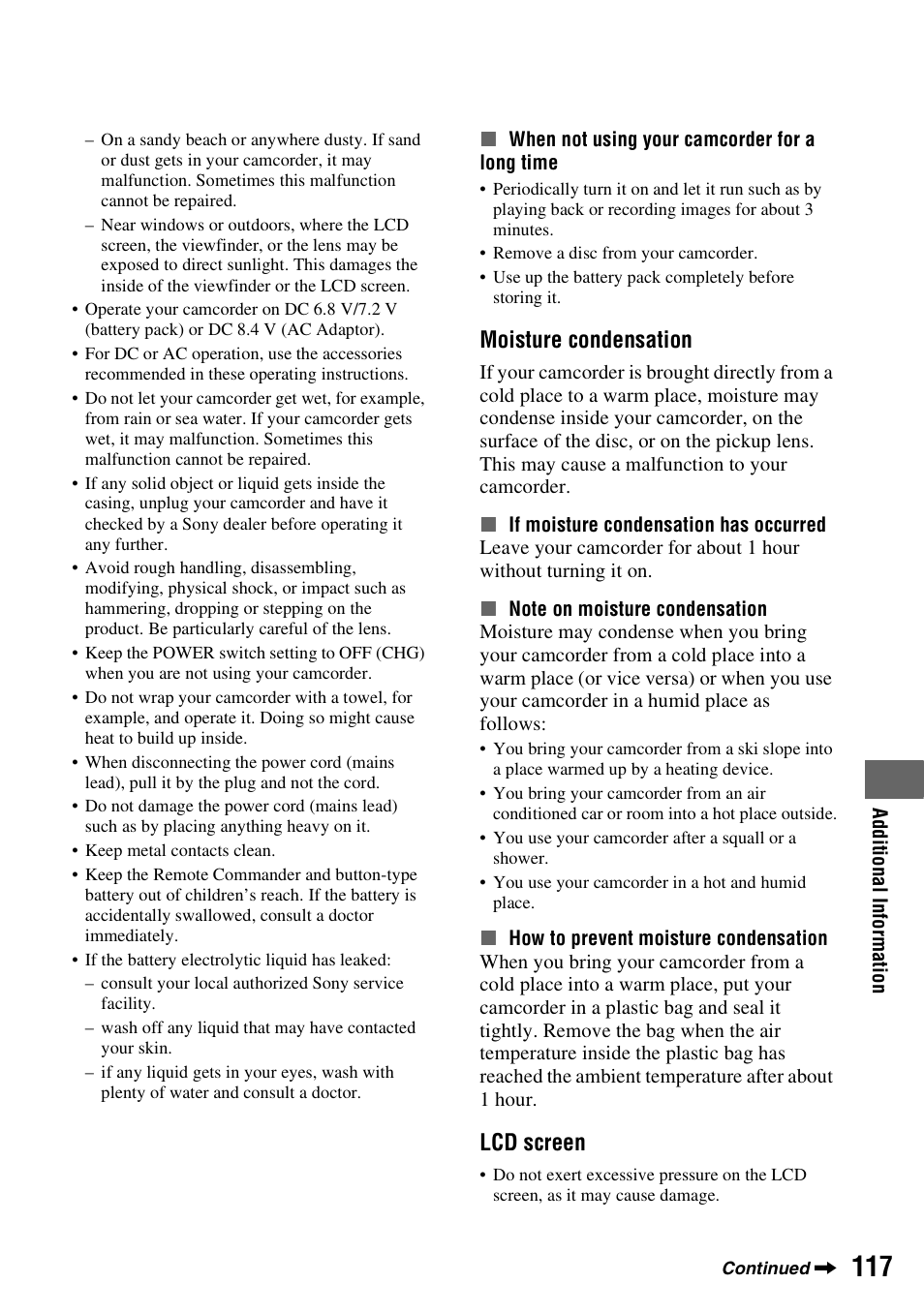 P. 117), Moisture condensation, Lcd screen | Sony DCR-DVD910 User Manual | Page 117 / 151