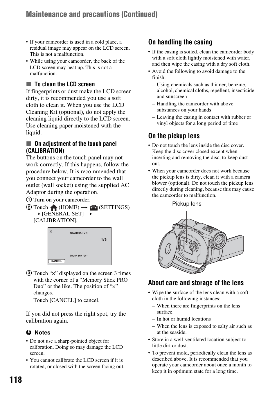 P. 118), Maintenance and precautions (continued), On handling the casing | On the pickup lens, About care and storage of the lens | Sony DCR-DVD910 User Manual | Page 118 / 151