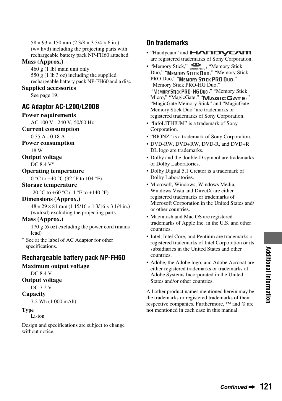 Rechargeable battery pack np-fh60, On trademarks | Sony DCR-DVD910 User Manual | Page 121 / 151