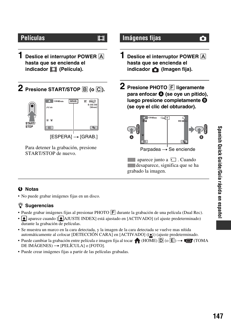 Películas, Imágenes fijas | Sony DCR-DVD910 User Manual | Page 147 / 151