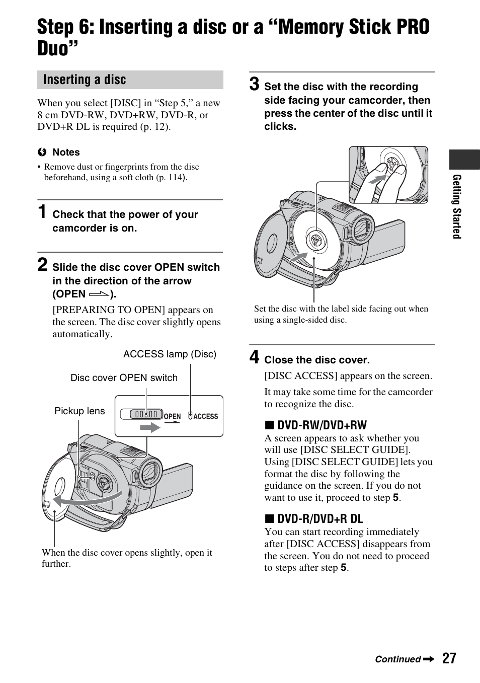 S (p. 27, Step 6: inserting a disc or a “memory, Stick pro duo | P. 27), P. 27, Inserting a disc | Sony DCR-DVD910 User Manual | Page 27 / 151