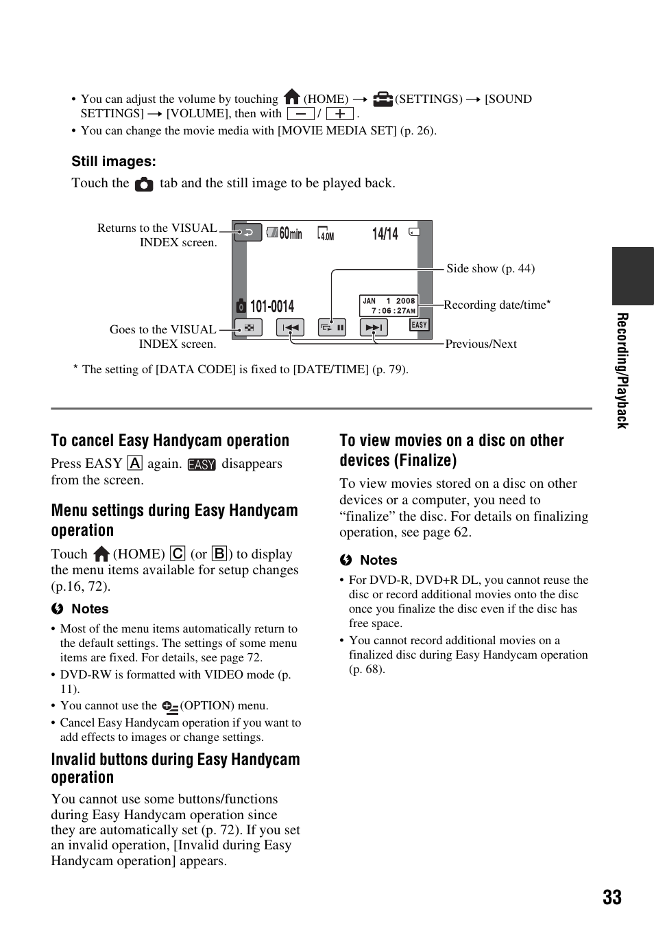 Menu settings during easy handycam operation, Invalid buttons during easy handycam operation | Sony DCR-DVD910 User Manual | Page 33 / 151