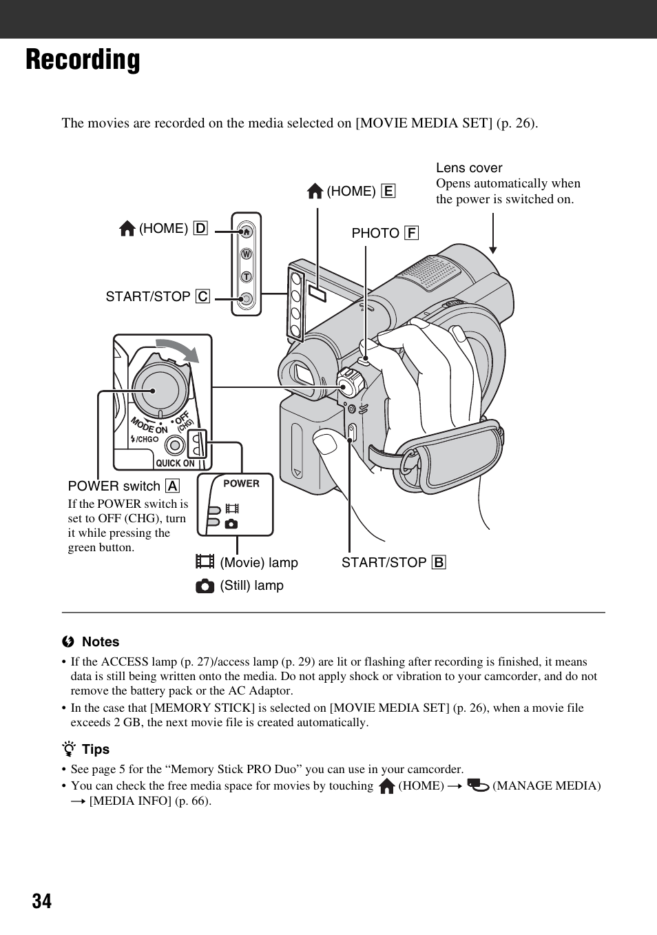 Recording, P. 34) | Sony DCR-DVD910 User Manual | Page 34 / 151