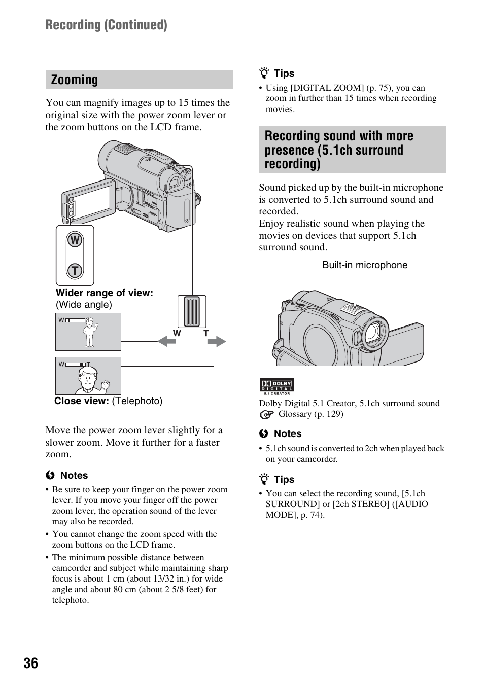 Zooming, Zooming recording sound with more, Presence (5.1ch surround recording) | Recording (continued) | Sony DCR-DVD910 User Manual | Page 36 / 151