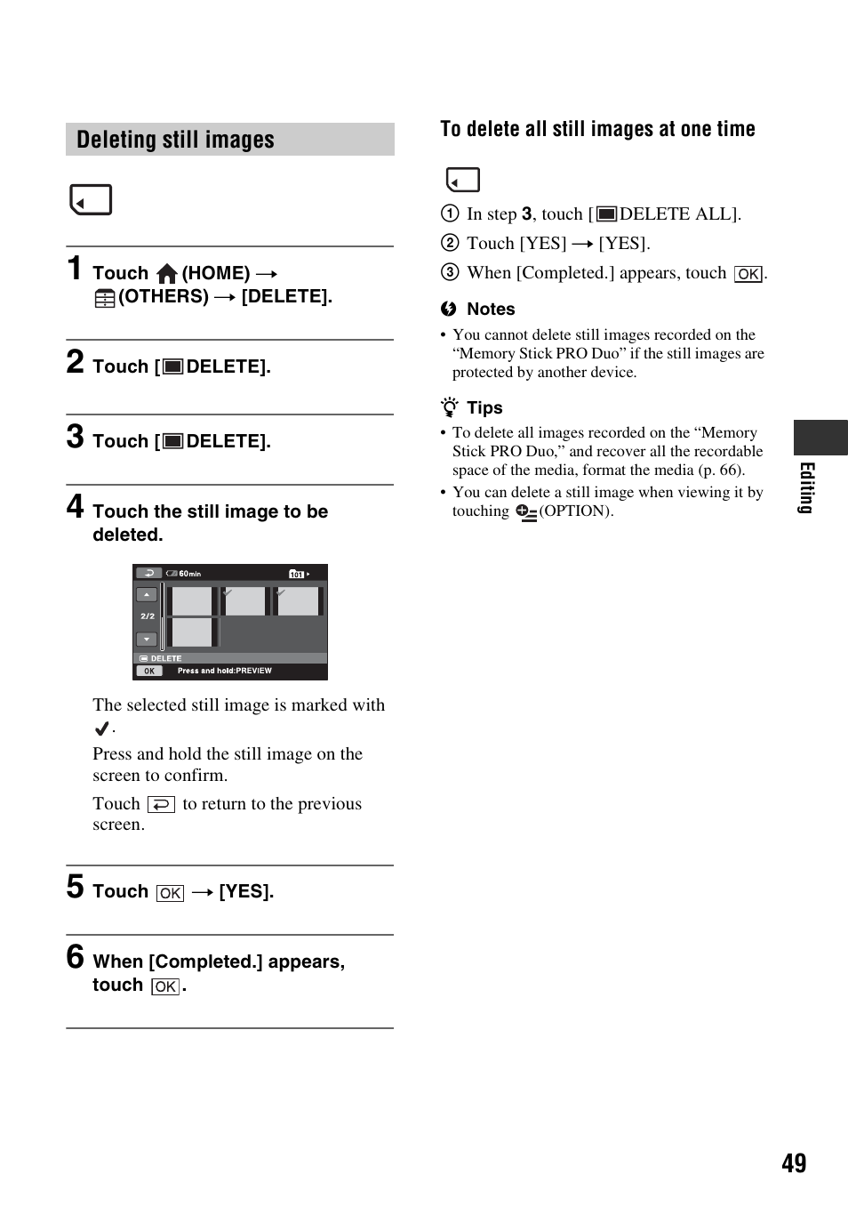 Deleting still images | Sony DCR-DVD910 User Manual | Page 49 / 151