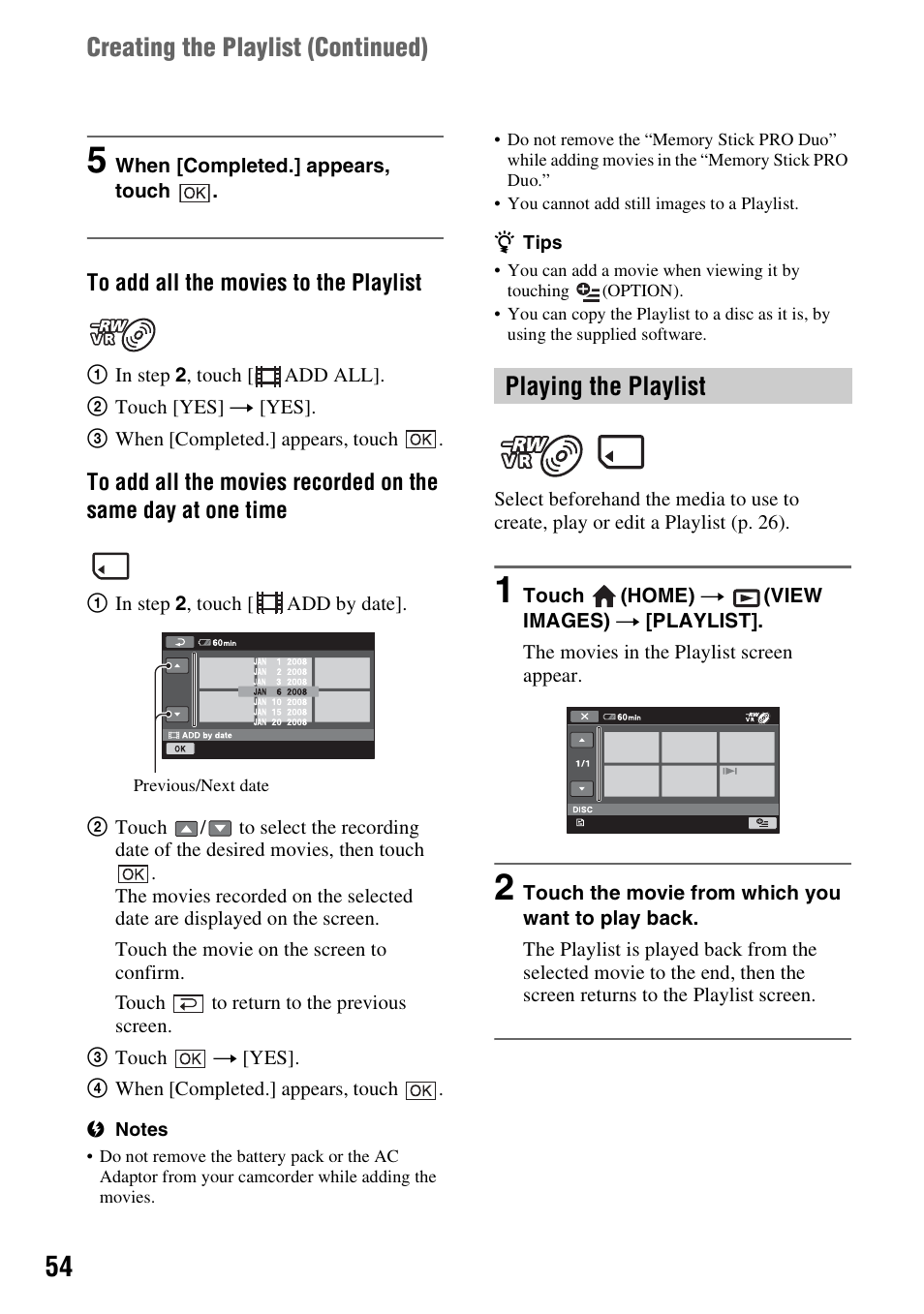 Creating the playlist (continued), Playing the playlist | Sony DCR-DVD910 User Manual | Page 54 / 151