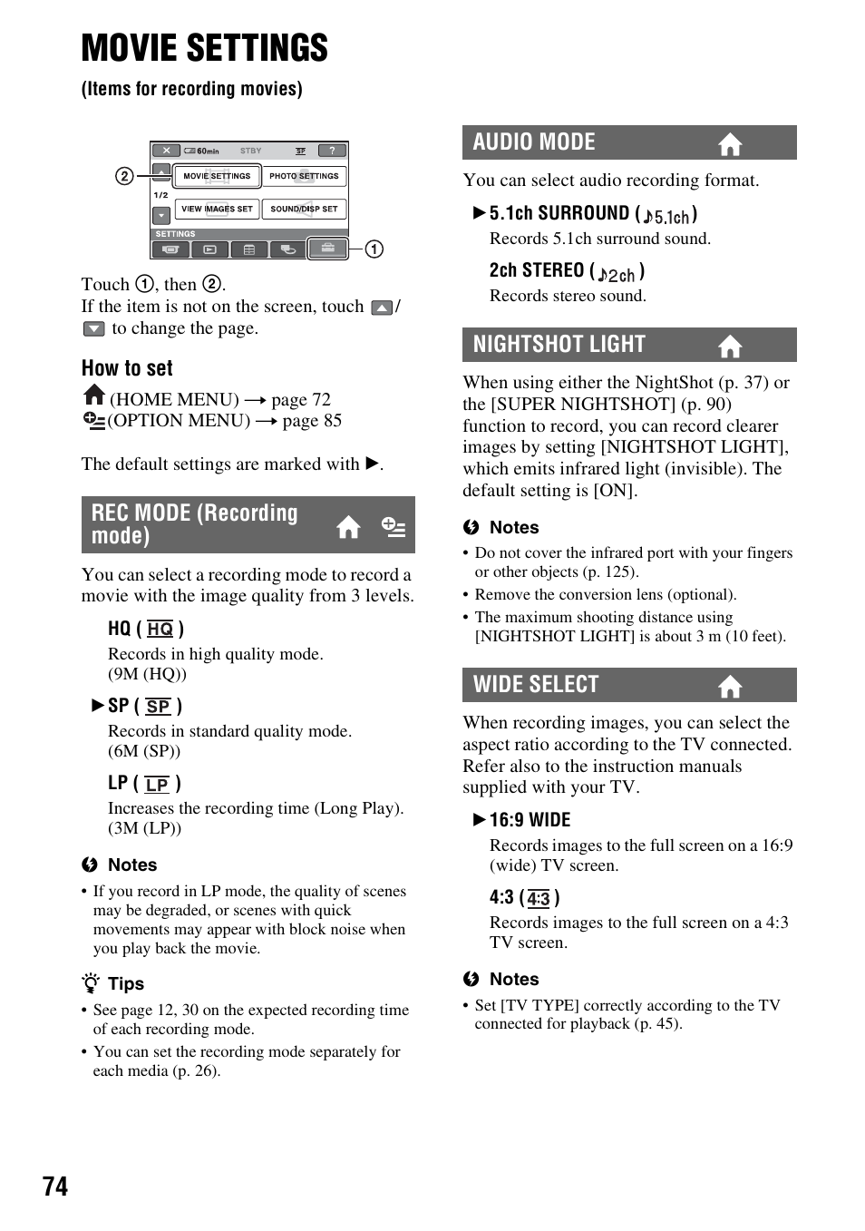 Movie settings, Items for recording movies), P. 74) s | P. 74), Rec mode (recording mode), Audio mode nightshot light wide select | Sony DCR-DVD910 User Manual | Page 74 / 151