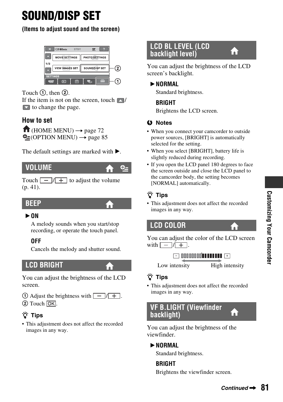 Sound/disp set, Items to adjust sound and the screen), P. 81 | Volume beep lcd bright | Sony DCR-DVD910 User Manual | Page 81 / 151