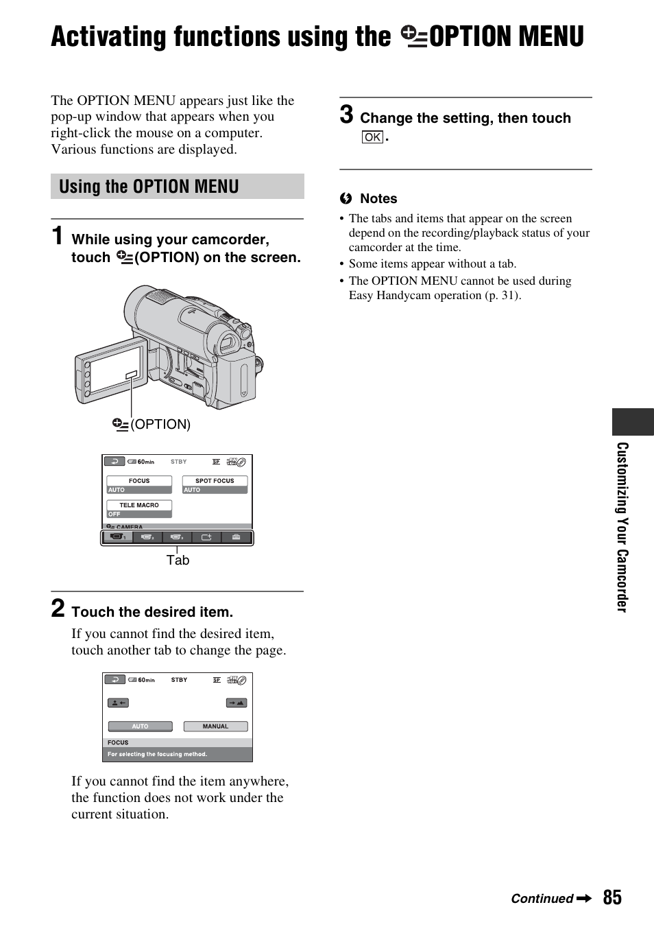 Activating functions using the option menu, Using the option menu, Activating functions using the | Option menu | Sony DCR-DVD910 User Manual | Page 85 / 151