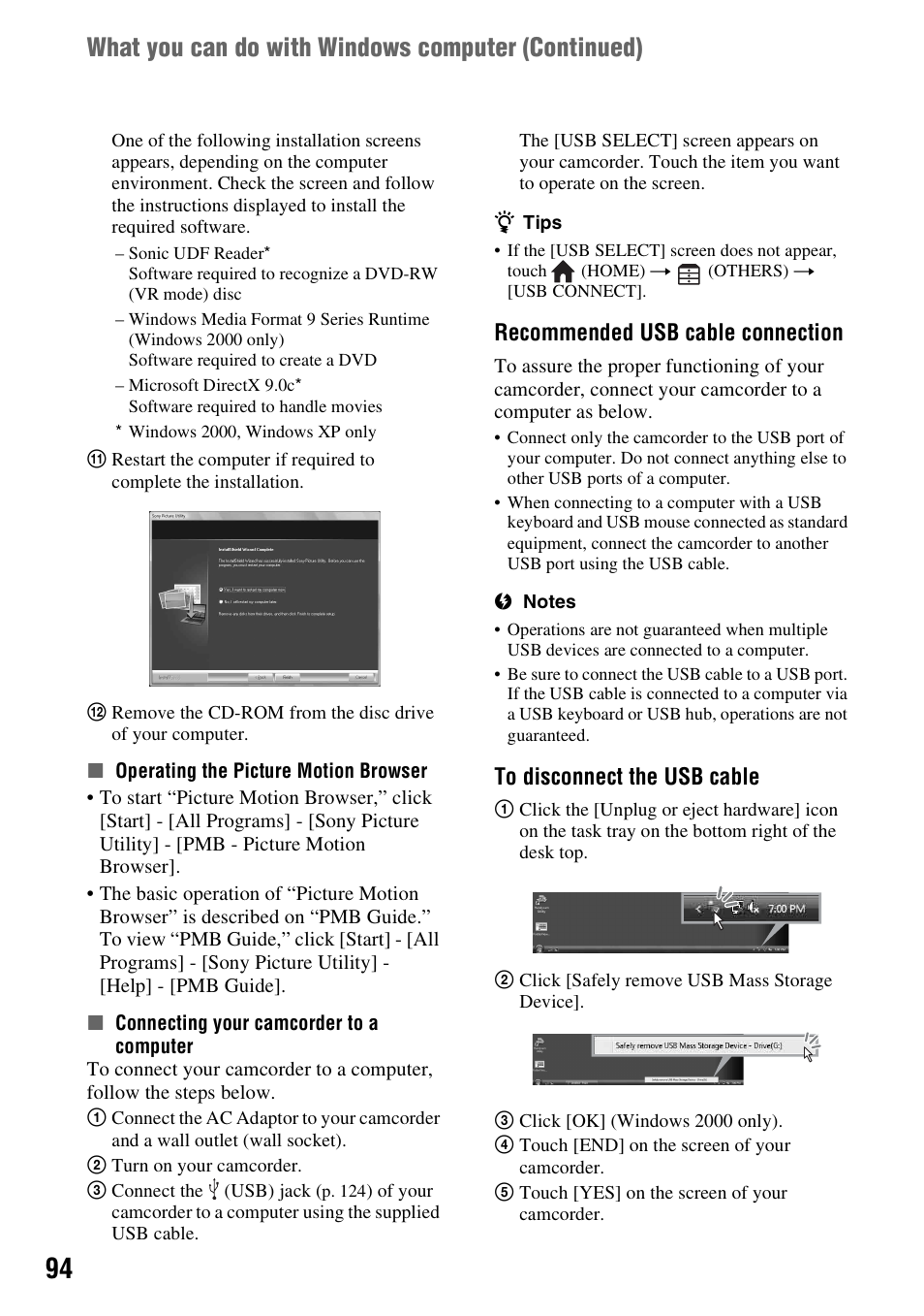 What you can do with windows computer (continued), Recommended usb cable connection | Sony DCR-DVD910 User Manual | Page 94 / 151