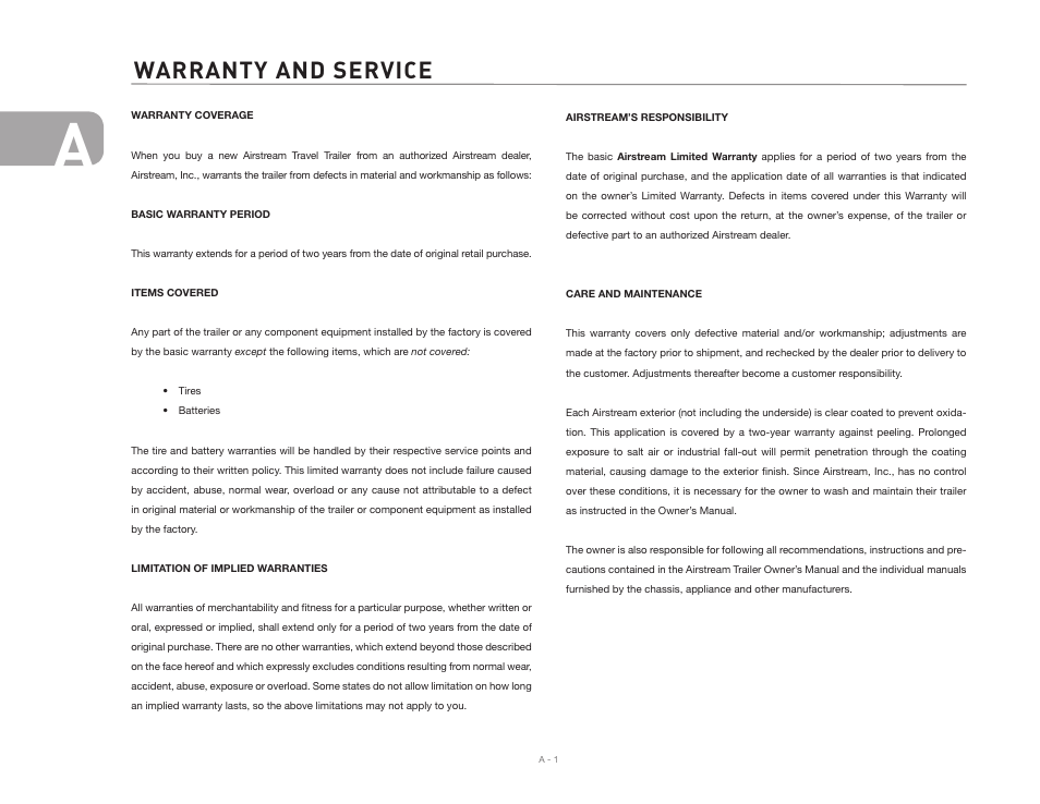 Warranty and service | Airstream 2007 Safari User Manual | Page 4 / 99