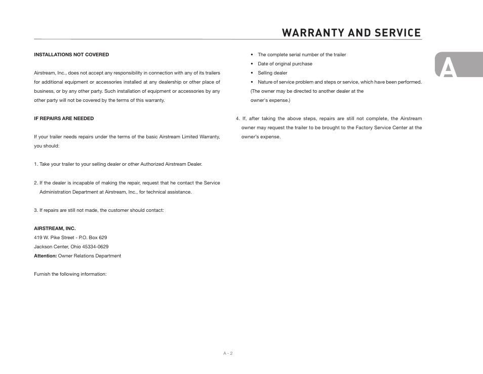 Warranty and service | Airstream 2007 Safari User Manual | Page 5 / 99