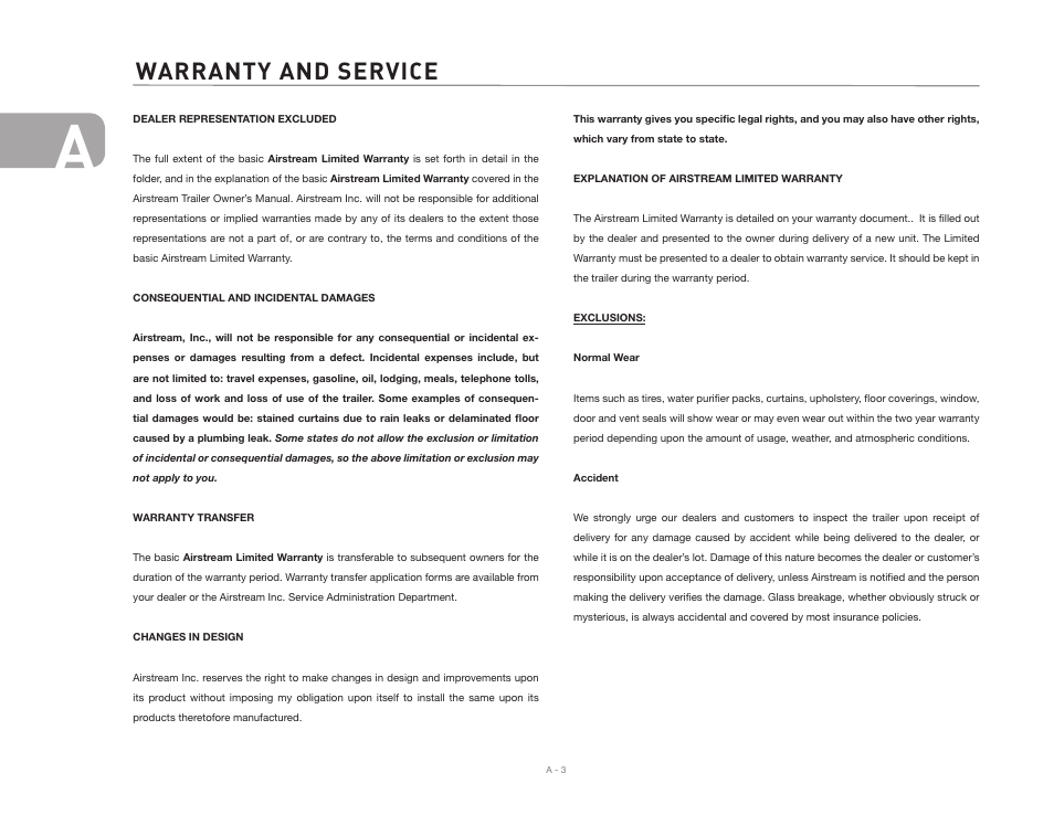Warranty and service | Airstream 2007 Safari User Manual | Page 6 / 99