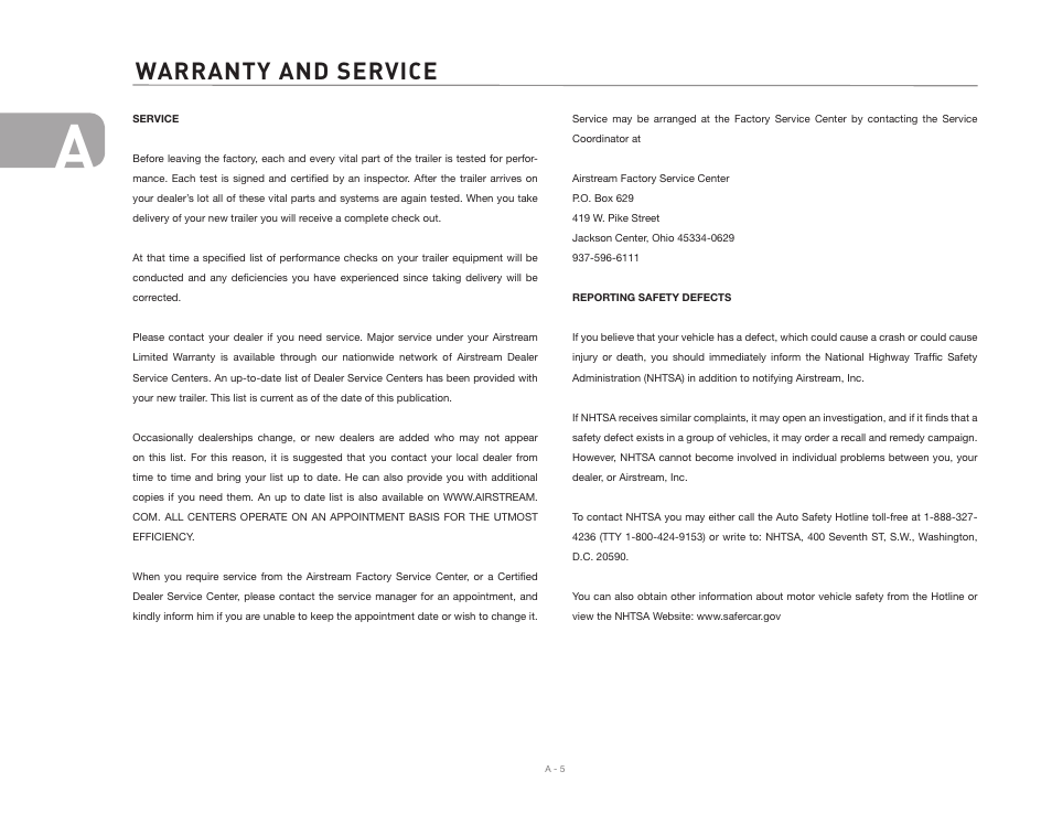 Warranty and service | Airstream 2007 Safari User Manual | Page 8 / 99