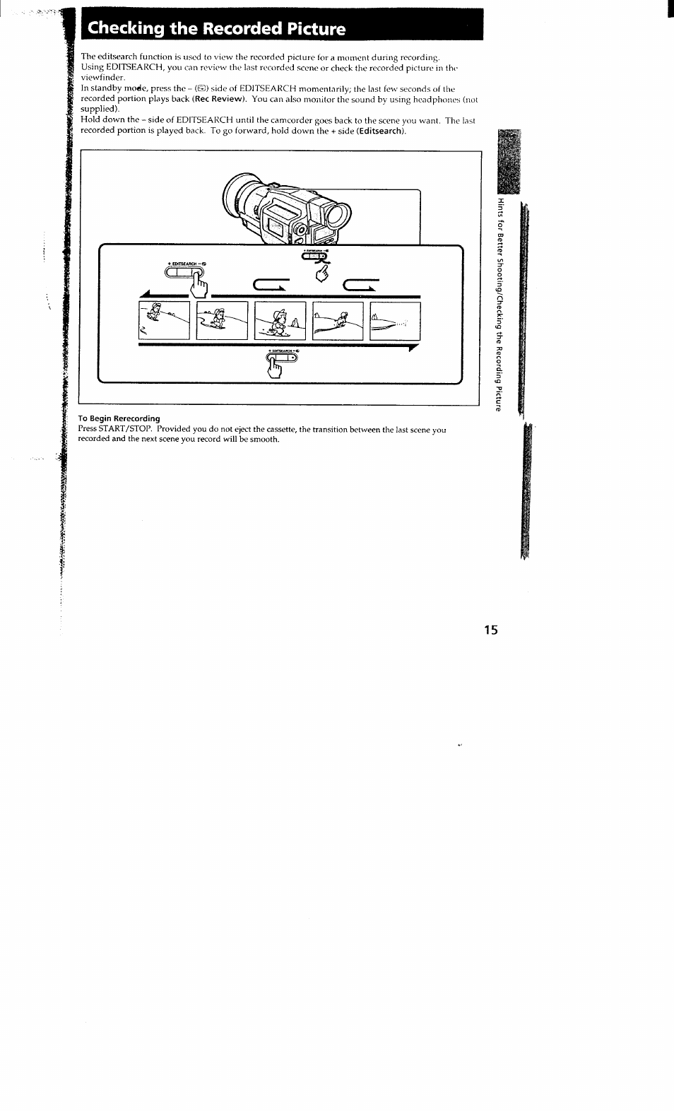 Checking the recorded picture, I; to begin rerecording | Sony DCR-VX700 User Manual | Page 15 / 73