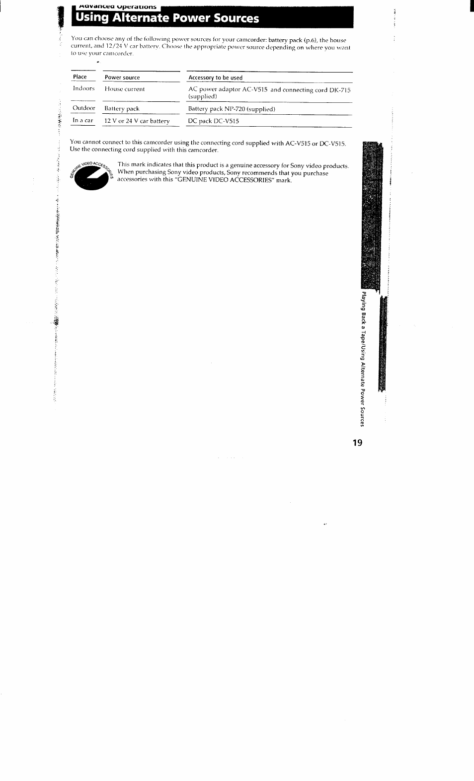 Using alternate power sources | Sony DCR-VX700 User Manual | Page 19 / 73