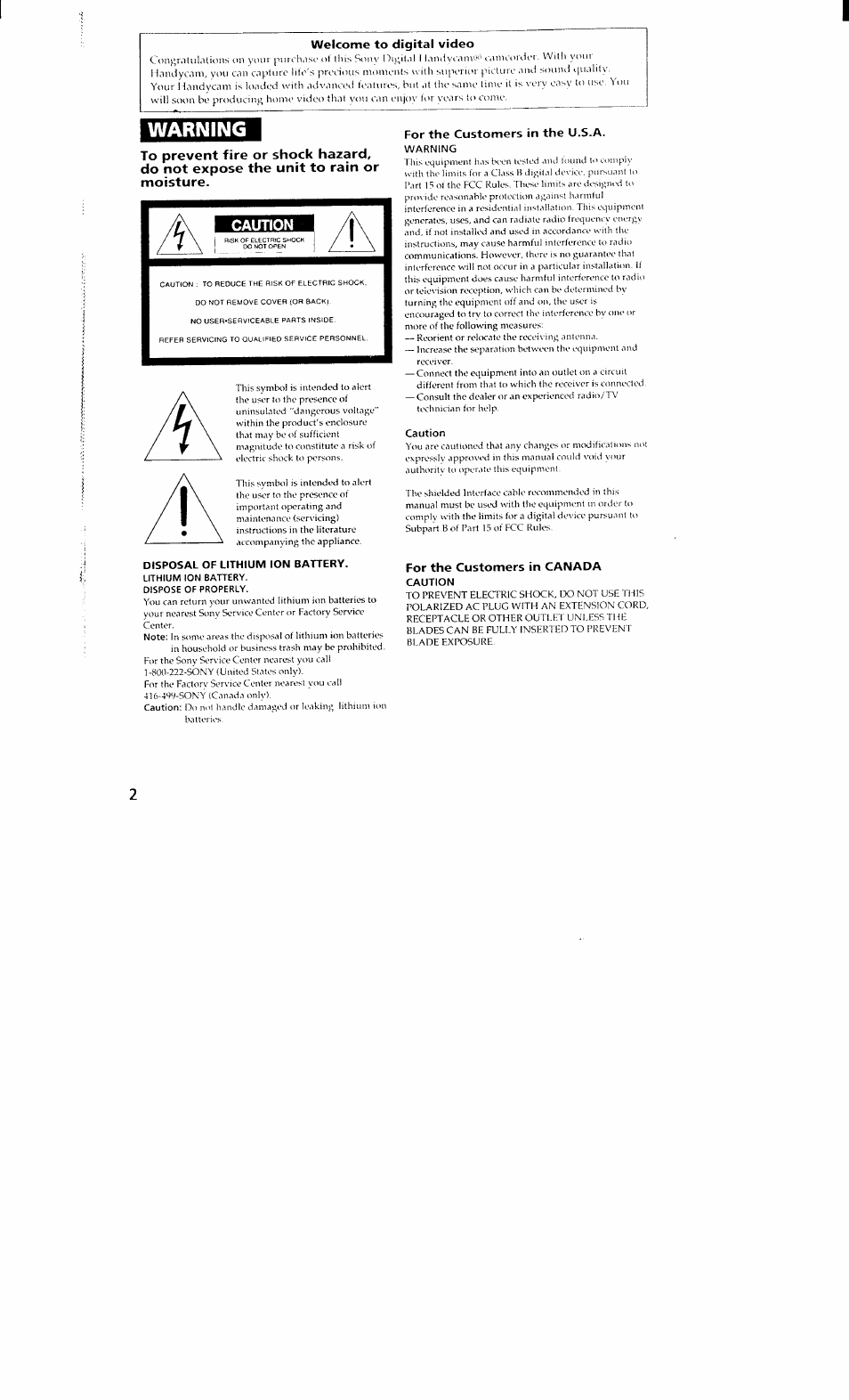 Welcome to digital video, Disposal of lithium ion battery, For the customers in the u.s.a | Warning, Caution, For the customers in canada | Sony DCR-VX700 User Manual | Page 2 / 73