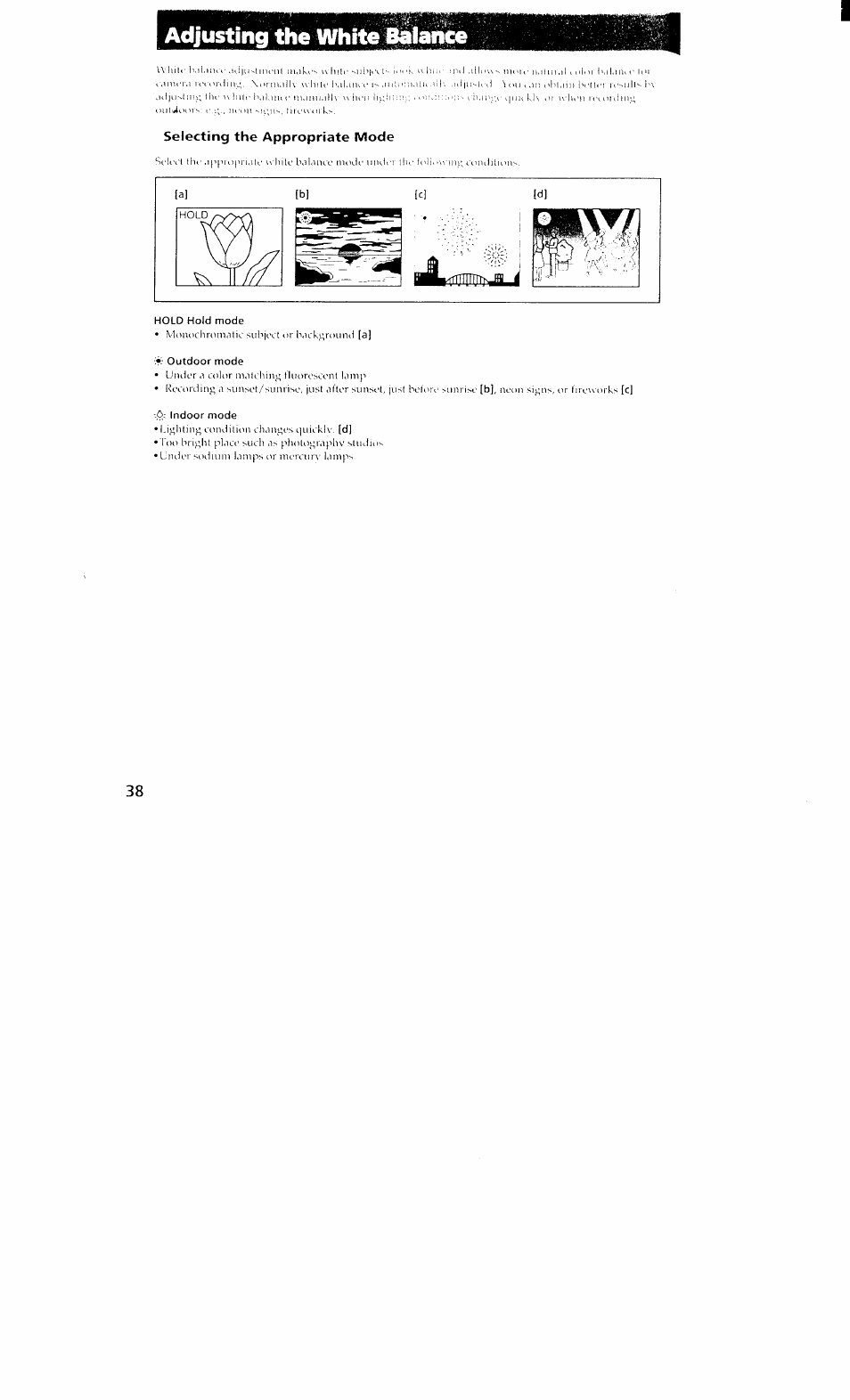 Selecting the appropriate mode, Adjusting the white bdlahce, Laitunniiiai vip | Sony DCR-VX700 User Manual | Page 36 / 73