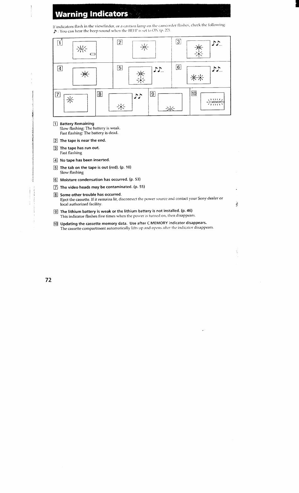 Warning indicators | Sony DCR-VX700 User Manual | Page 70 / 73