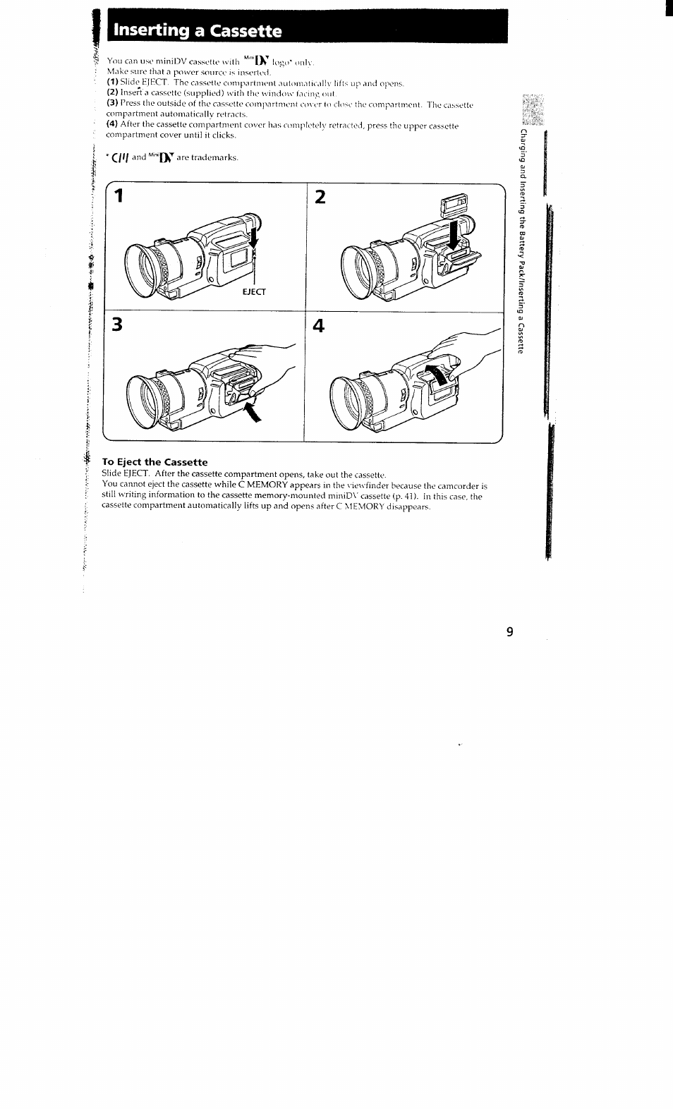 Inserting a cassette | Sony DCR-VX700 User Manual | Page 9 / 73