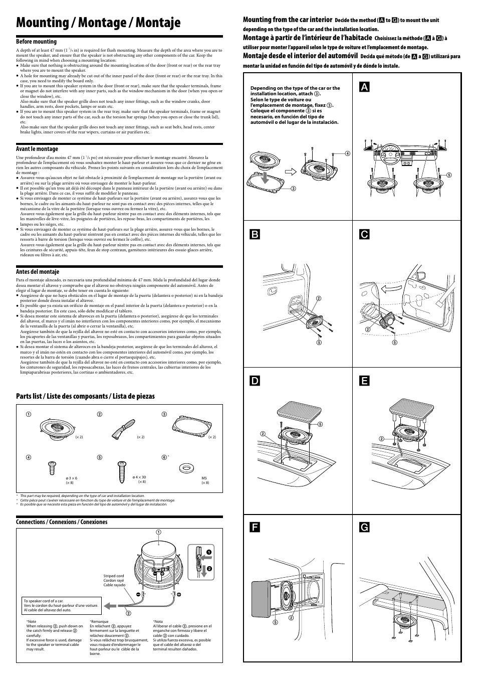 Mounting / montage / montaje, Mounting from the car interior, Montage à partir de l’intérieur de l’habitacle | Montaje desde el interior del automóvil, Before mounting, Avant le montage, Antes del montaje, Connections / connexions / conexiones | Sony XS-R4645 User Manual | Page 2 / 2