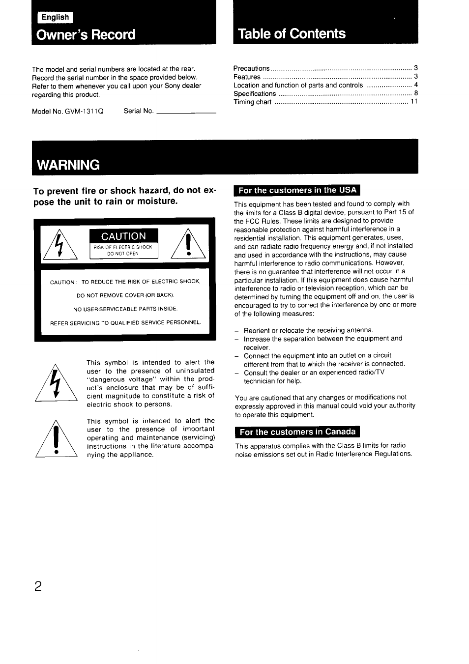 For the customers in the usa, For the customers in canada, Owner’s record table of contents | Warning | Sony GVM-1311Q User Manual | Page 2 / 11