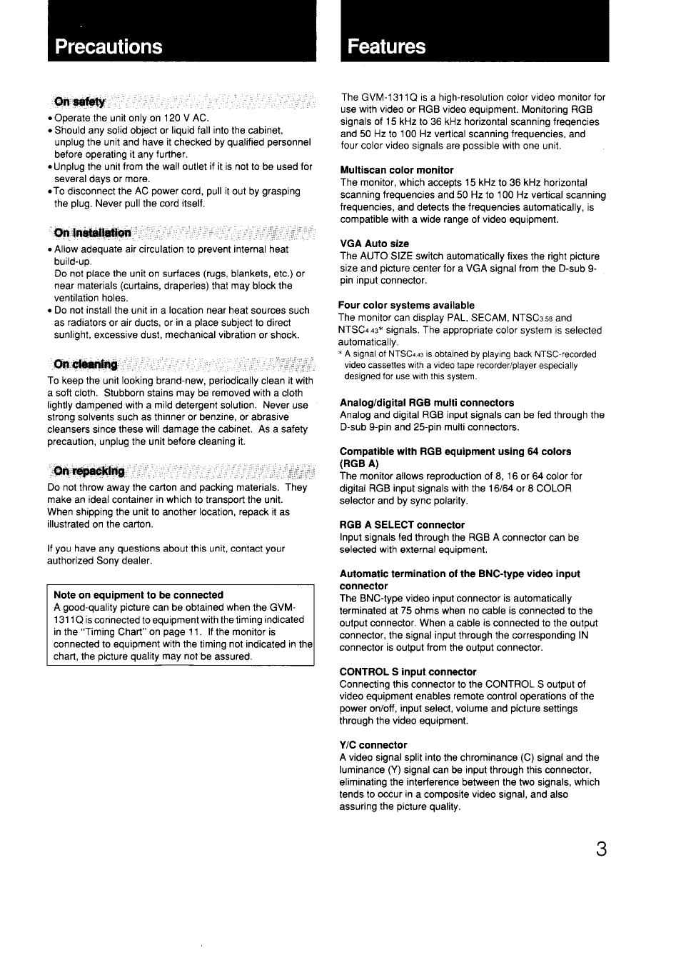 On installation, On cleaning, On repacking | Multiscan color monitor, Vga auto size, Four color systems available, Analog/digital rgb multi connectors, Rgb a select connector, Control s input connector, Y/c connector | Sony GVM-1311Q User Manual | Page 3 / 11