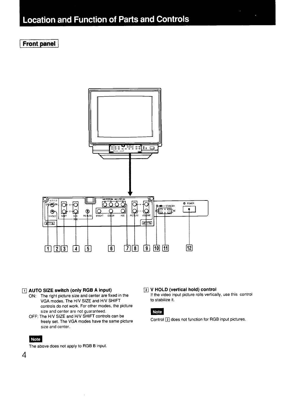 Q] auto size switch (only rgb a input), U] v hold (vertical hold) control, Location and function of parts and controls | Front panel | Sony GVM-1311Q User Manual | Page 4 / 11