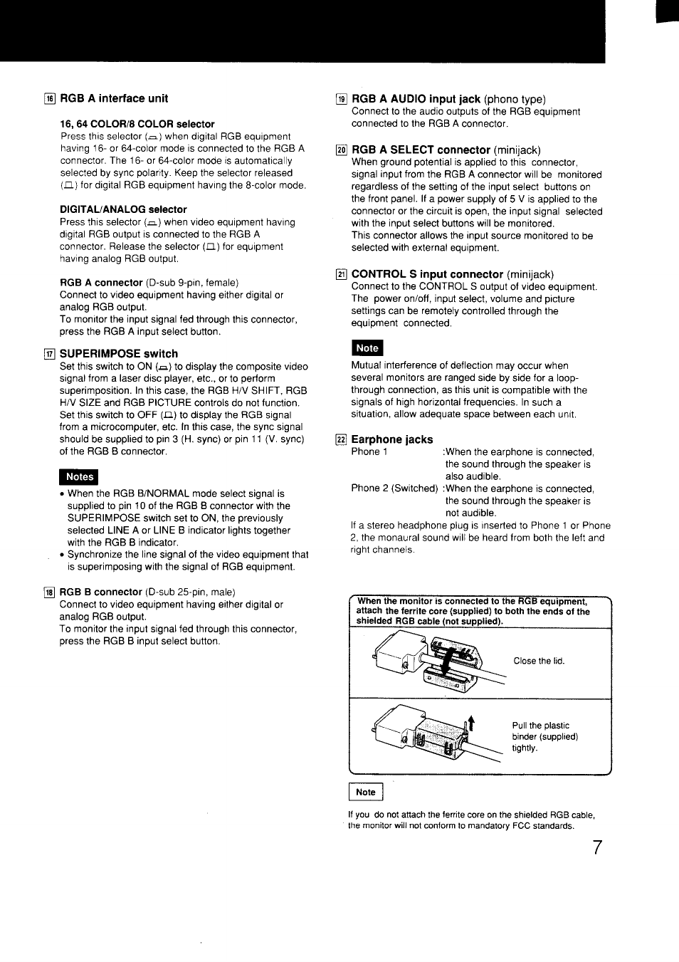 Rgb a interface unit, 16, 64 color/8 color selector, Digital/analog selector | I superimpose switch, Rgb a audio input jack (phono type), Rgb a select connector (minijack), Control s input connector (minijack), I earphone jacks | Sony GVM-1311Q User Manual | Page 7 / 11