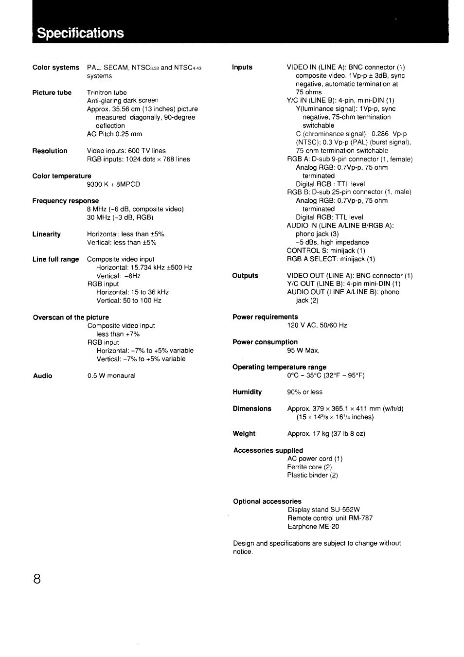 Color temperature, Frequency response, Overscan of the picture | Power requirements, Power consumption, Operating temperature range, Accessories supplied, Optional accessories, Specifications | Sony GVM-1311Q User Manual | Page 8 / 11