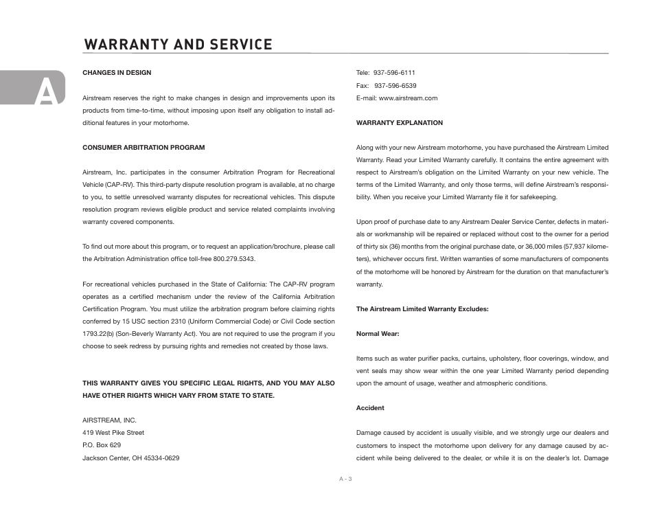 Warranty and service | Airstream NTERSTATE User Manual | Page 10 / 99