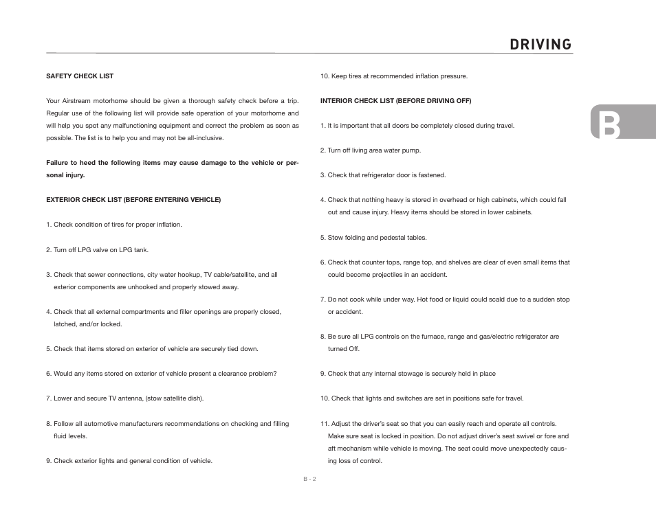 Driving | Airstream NTERSTATE User Manual | Page 17 / 99