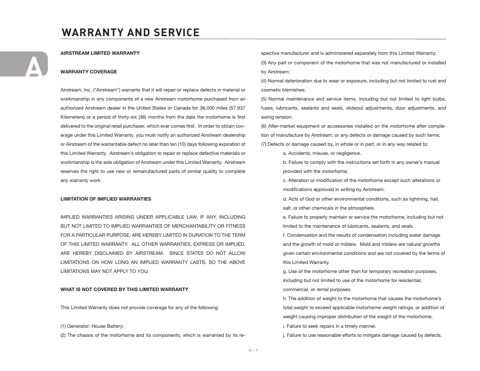 Warranty and service | Airstream NTERSTATE User Manual | Page 8 / 99