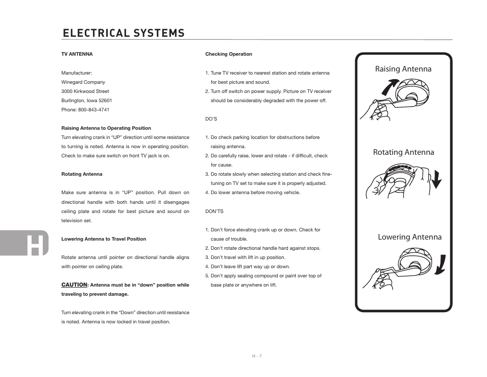 Electrical systems, Raising antenna rotating antenna lowering antenna | Airstream NTERSTATE User Manual | Page 82 / 99