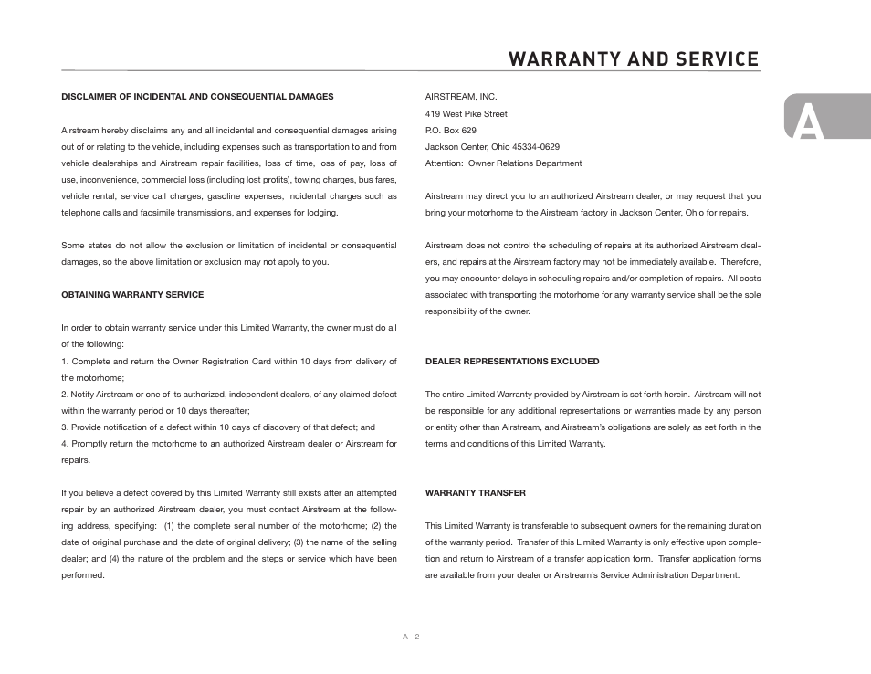 Warranty and service | Airstream NTERSTATE User Manual | Page 9 / 99