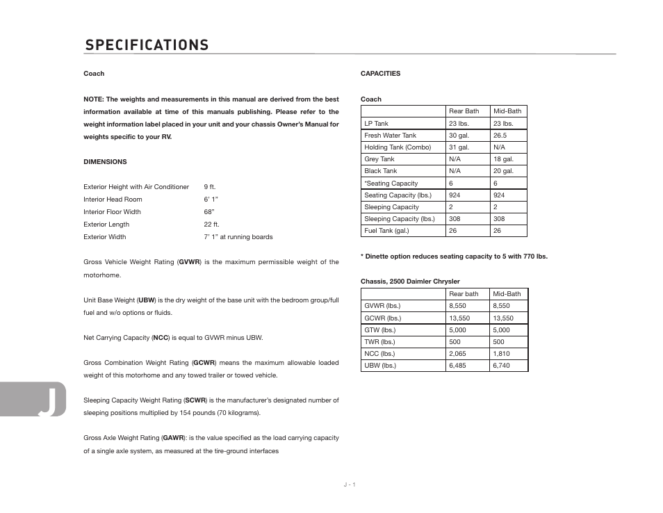 Specifications | Airstream NTERSTATE User Manual | Page 96 / 99