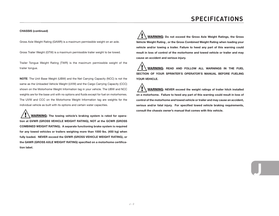 Specifications | Airstream NTERSTATE User Manual | Page 97 / 99