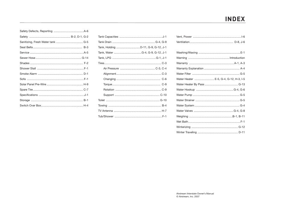 Index | Airstream NTERSTATE User Manual | Page 99 / 99