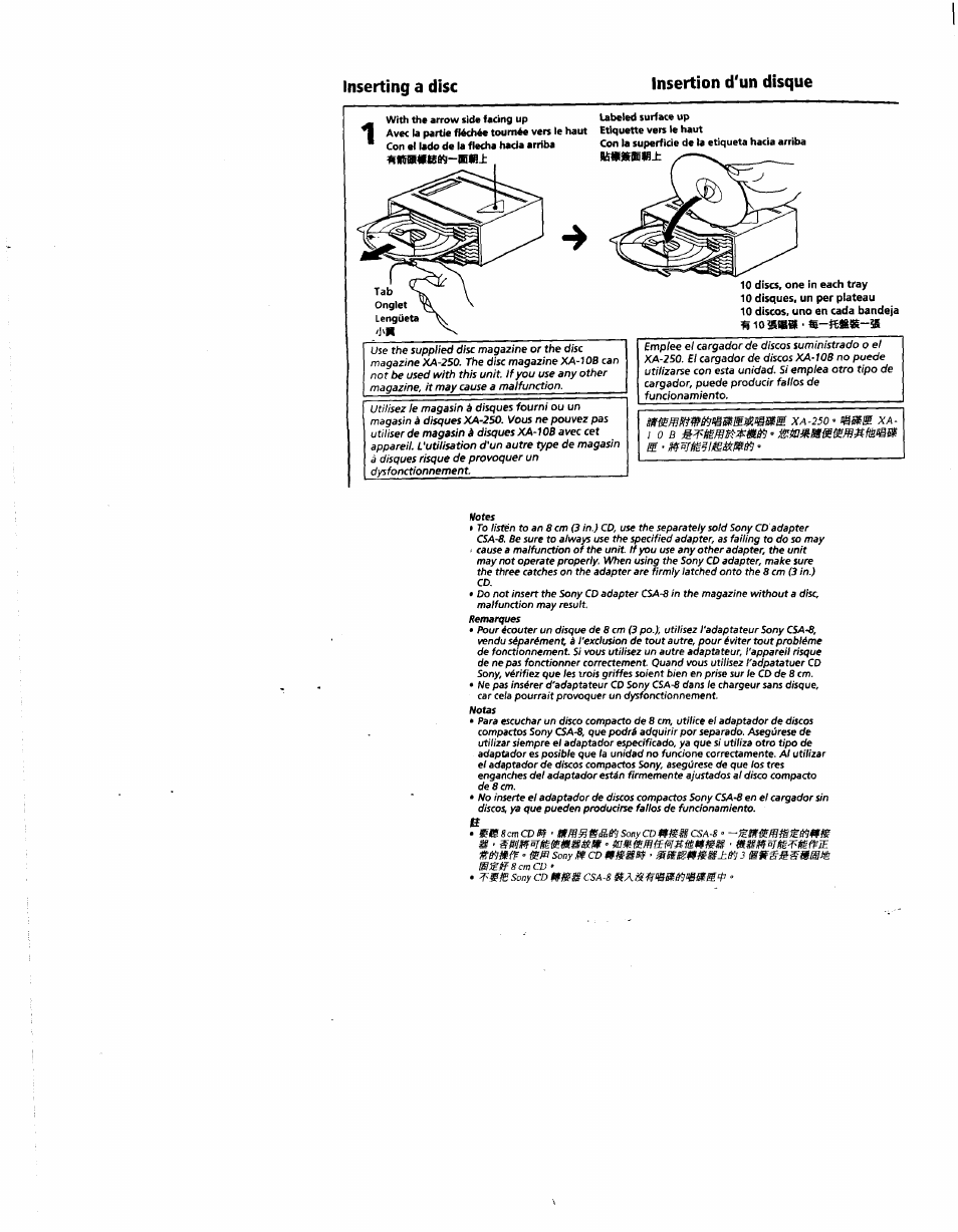 With the arrow side facing up, Votes, Inserting a disc insertion d'un disque | R' --------- - - -r | Sony CDX-727 User Manual | Page 11 / 20