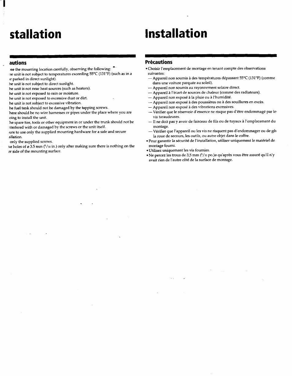 Autions, Précautions, Stallation installation | Sony CDX-727 User Manual | Page 3 / 20