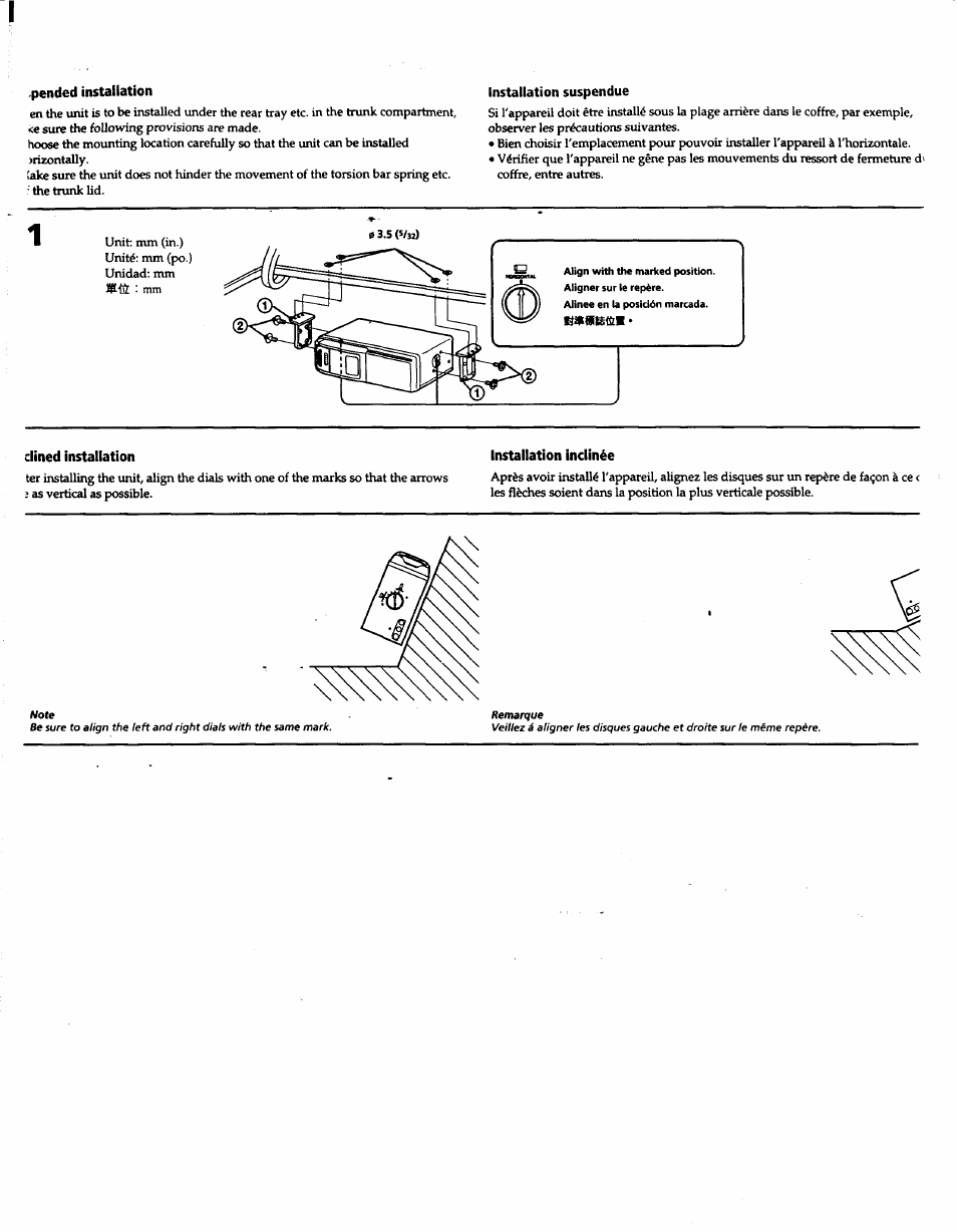 Pended installation, Installation suspendue, Dined installation | Installation indinée | Sony CDX-727 User Manual | Page 6 / 20