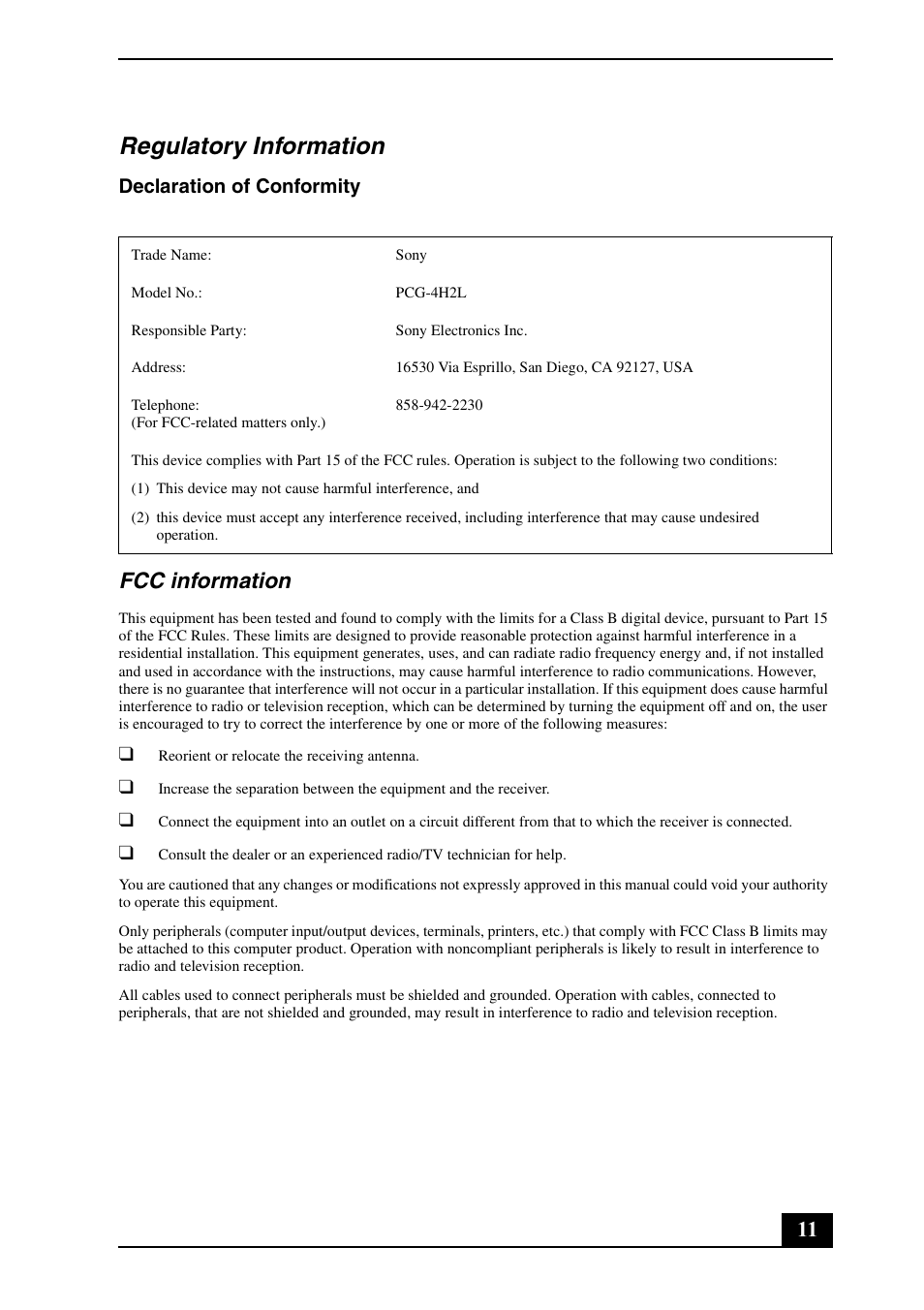 Regulatory information, Fcc information, Declaration of conformity | Sony VGN-TX850P User Manual | Page 11 / 24
