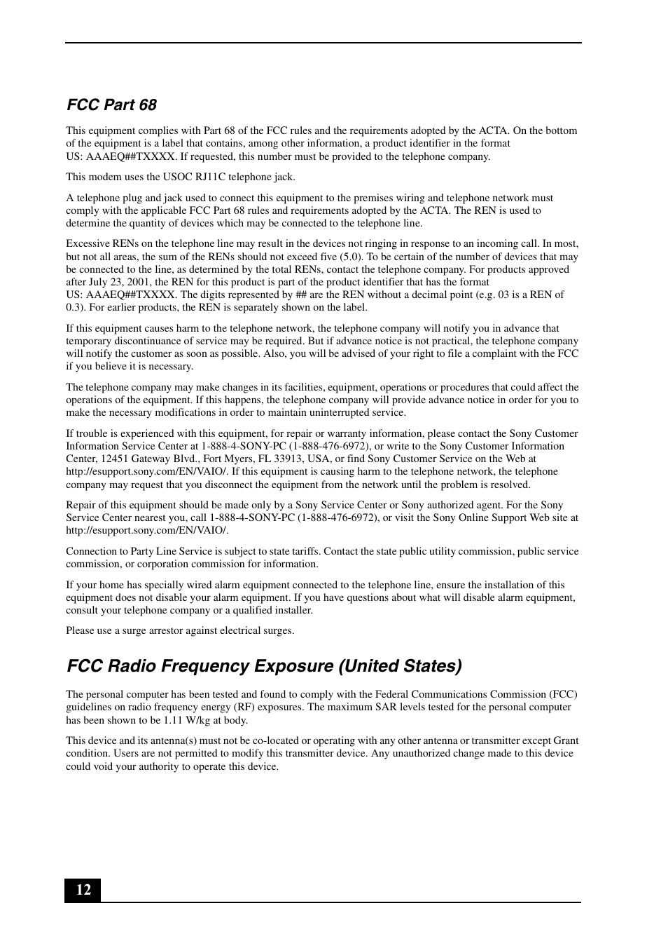 Fcc radio frequency exposure (united states), 12 fcc part 68 | Sony VGN-TX850P User Manual | Page 12 / 24