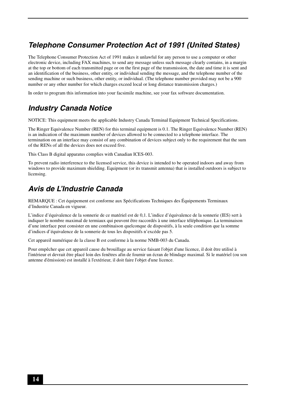 Industry canada notice, Avis de l’industrie canada | Sony VGN-TX850P User Manual | Page 14 / 24