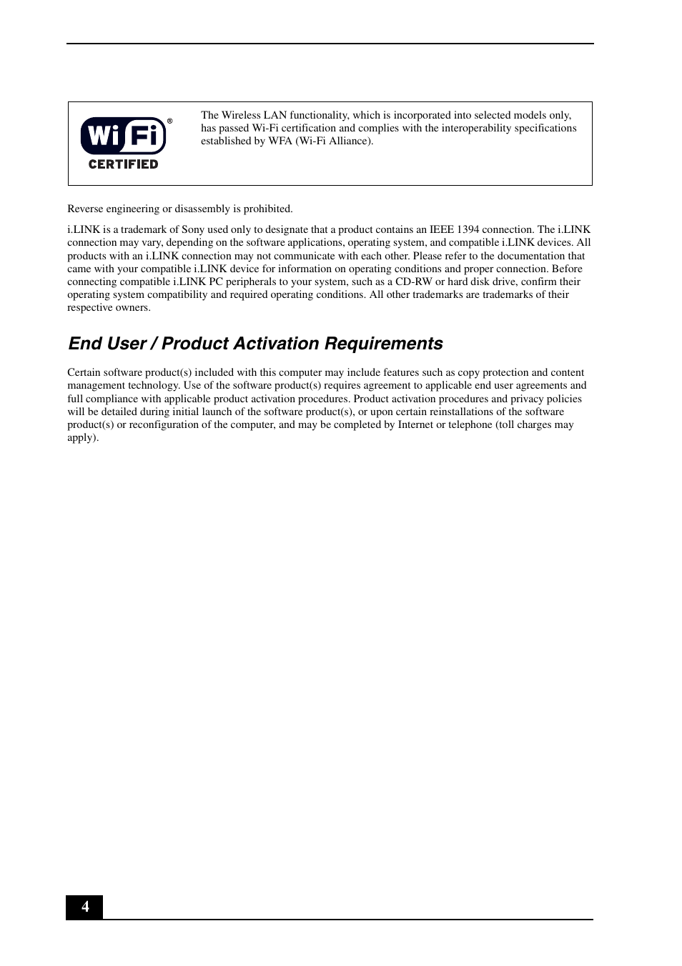 End user / product activation requirements | Sony VGN-TX850P User Manual | Page 4 / 24