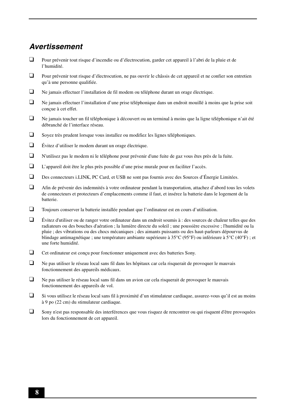 Avertissement | Sony VGN-TX850P User Manual | Page 8 / 24