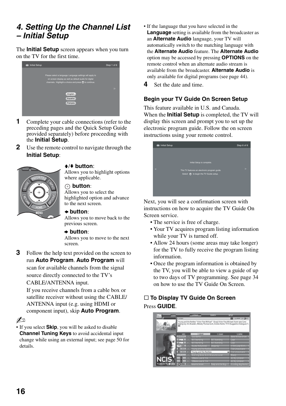 Setting up the channel list - initial setup, Setting up the channel list, Initial setup | 16 4. setting up the channel list – initial setup, Button, B button | Sony KDL-52XBR7 User Manual | Page 16 / 60