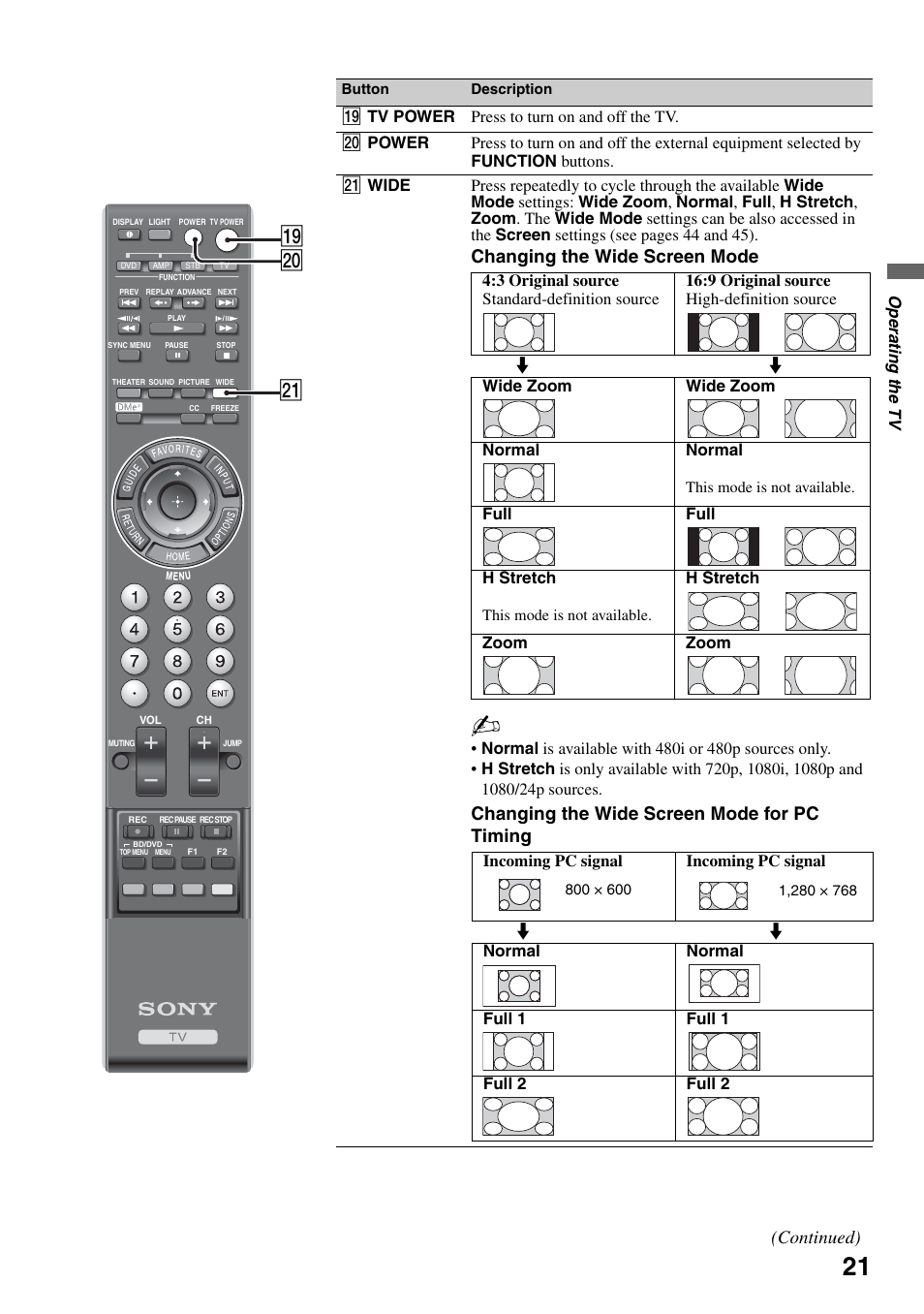 Wa ql w, Changing the wide screen mode, Changing the wide screen mode for pc timing | Continued) | Sony KDL-52XBR7 User Manual | Page 21 / 60